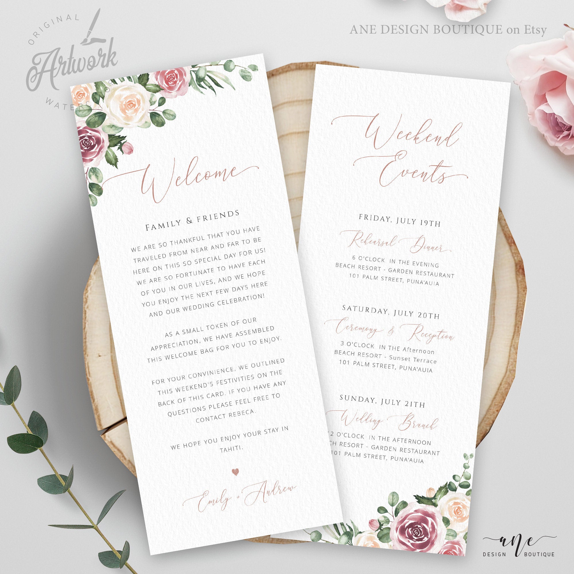 Printable Burgundy Floral Wedding Welcome Letter Itinerary, Double Sided  5x7 Welcome Bag Note Card PDF Template vistaprint, DIY Download #01 by  Melody's tissue paper pom pom shop
