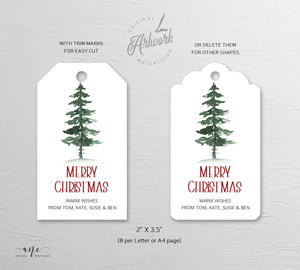 Pine Tree Christmas Gift Tag Template, Holiday Printable Favor Tag, Original Watercolor, Christmas tree Label, Fully Editable, Download