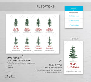 Pine Tree Christmas Gift Tag Template, Holiday Printable Favor Tag, Original Watercolor, Christmas tree Label, Fully Editable, Download