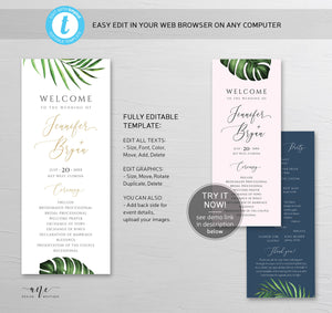 Tropical Wedding Program Template, Printable Order of Service, Beach Wedding, Palm Leaf Monstera Original Artwork,100% Editable Download 002