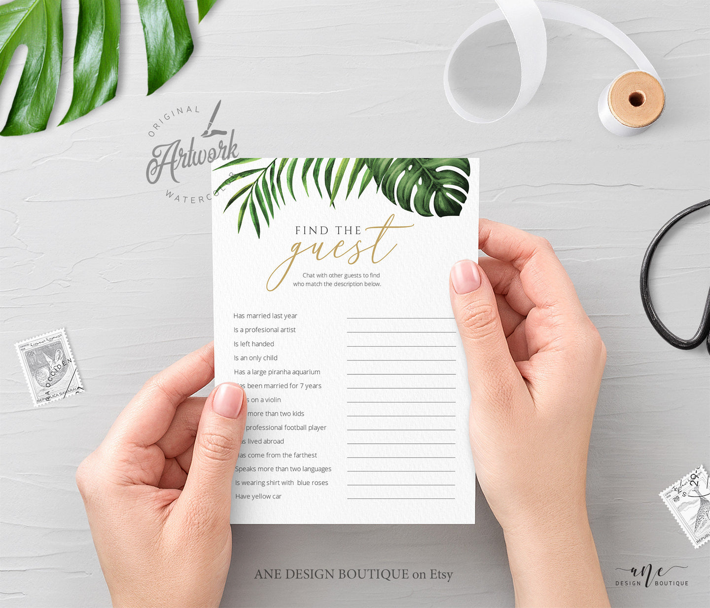 Tropical Find the Guest Bridal Shower Game Template, Printable Beach Wedding Shower Game, Personalize Fully Editable, Instant Download 002