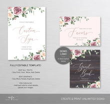Load image into Gallery viewer, Mauve Floral Wedding Template BUNDLE, Eucalyptus &amp; Roses, Invitation Set, Wedding Signs, Fully Editable, Instant Download, DIY, Templett 007
