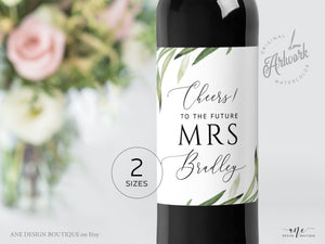 Greenery Bridal Wine Label Template, Watercolor Leaf, Boho Garden Wedding Shower sticker, Templett, Fully Editable, Printable, Download, 008