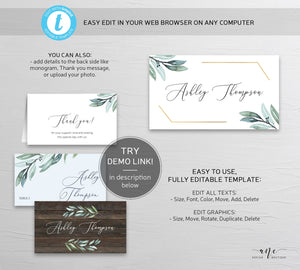 Gold Geometric Place Card Template, Printable Wedding Bridal Escort Card, Editable Name Cards, Boho Eucalyptus Greenery Watercolor, 004