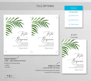 Tropical Wedding Invitation Suite Template, Palm Leaf Invite, Beach Wedding Invite Template, Editable, Printable, Instant Download 002