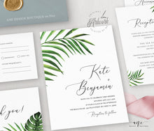 Load image into Gallery viewer, Tropical Wedding Invitation Suite Template, Palm Leaf Invite, Beach Wedding Invite Template, Editable, Printable, Instant Download 002
