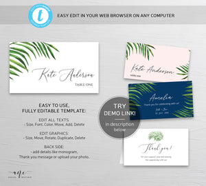 Tropical Place Card Template, Printable Wedding Bridal Escort Card, Editable Name Cards, Beach Palm Leaf Watercolor, Printable, Download 002