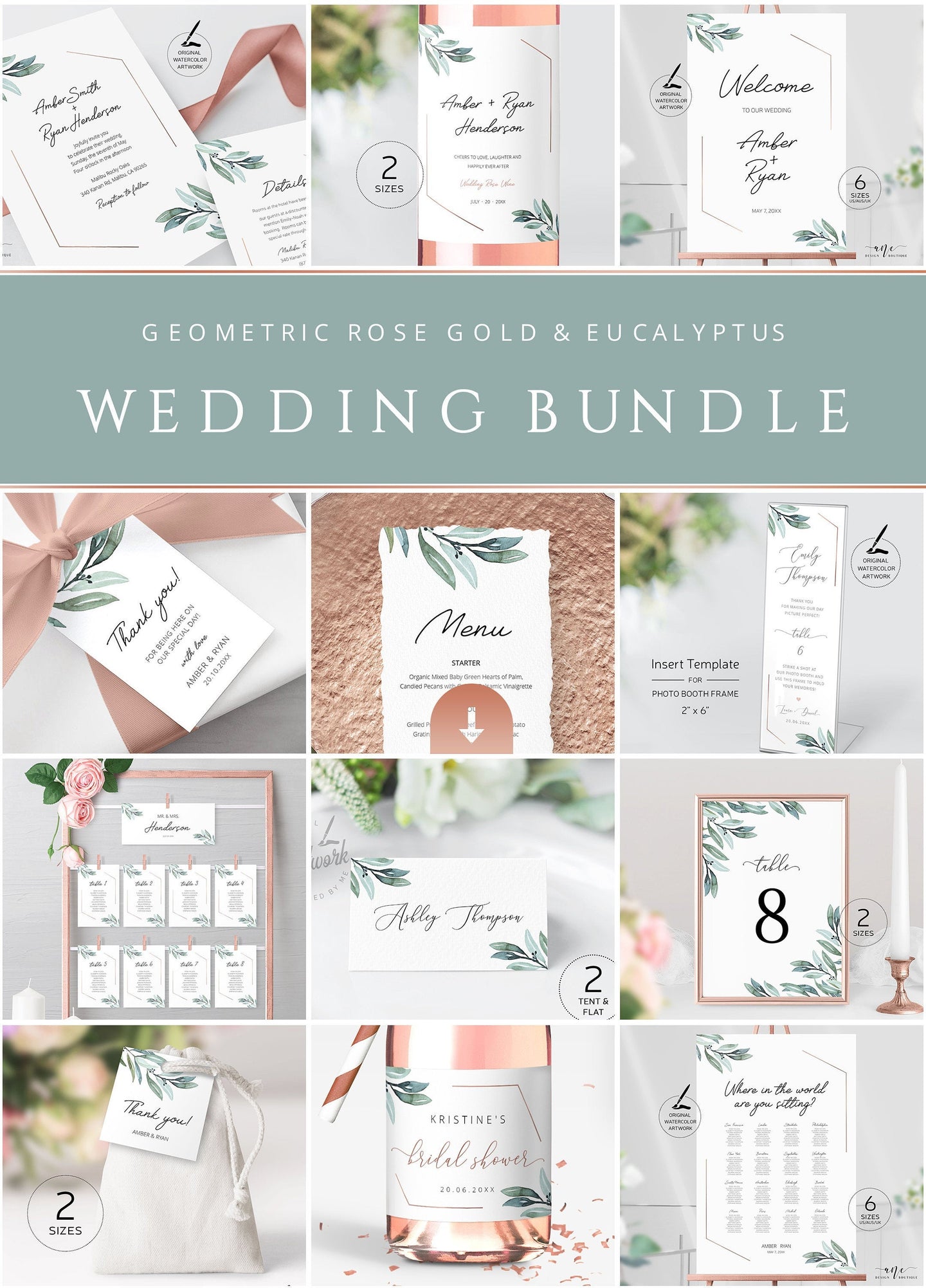 Geometric Greenery Wedding Template BUNDLE,Boho Garden Rose Gold, Eucalyptus Invite Set, Wedding Signs, 100% Editable, Download Templett 004