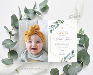 Photo Greenery Baptism Invitation Template, Announcement, Geometric Gold, Boy Girl Neutral Christening Invite, Editable Instant Download 004