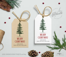 Load image into Gallery viewer, Pine Tree Christmas Gift Tag Template, Holiday Printable Favor Tag, Original Watercolor, Christmas tree Label, Fully Editable, Download
