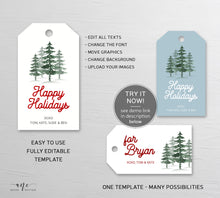 Load image into Gallery viewer, Pine Tree Woods Gift Tag Template, Holiday Printable Tag, Original Watercolor, Happy Holidays Gift Label, Fully Editable, Instant Download
