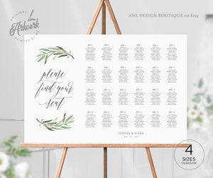 Boho Sage Greenery Seating Chart Template, Printable Horizontal Olive Wedding Bridal Sign Table Plan, Willow Eucalyptus, 100% Editable, 008