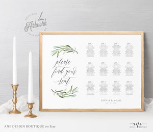 Boho Sage Greenery Seating Chart Template, Printable Horizontal Olive Wedding Bridal Sign Table Plan, Willow Eucalyptus, 100% Editable, 008
