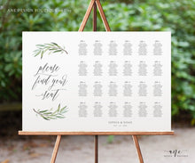 Load image into Gallery viewer, Boho Sage Greenery Seating Chart Template, Printable Horizontal Olive Wedding Bridal Sign Table Plan, Willow Eucalyptus, 100% Editable, 008
