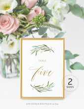 Load image into Gallery viewer, Boho Greenery Gold Text Table Number Card Template, Olive Wedding Table Card 4x6 5x7, Original Sage Watercolor, Editable, DIY, Printable 008
