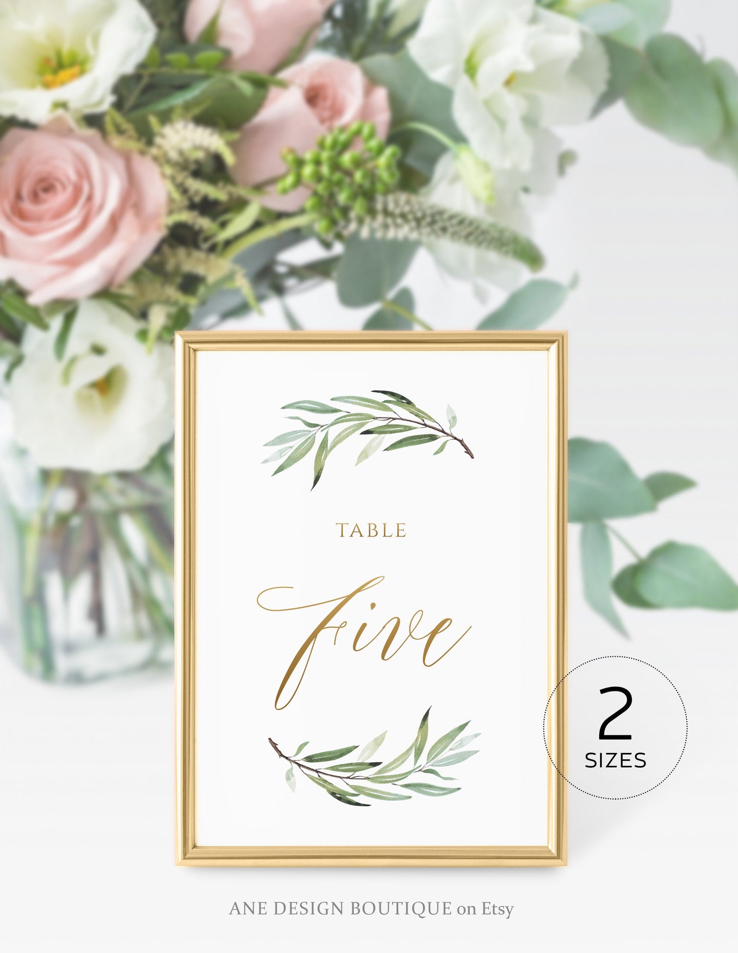 Boho Greenery Gold Text Table Number Card Template, Olive Wedding Table Card 4x6 5x7, Original Sage Watercolor, Editable, DIY, Printable 008