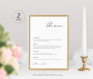 Minimalist Modern Calligraphy Wedding Menu Program Template, Minimal Simple & Stylish Dinner Menu Card, 100% Editable Printable Download 011
