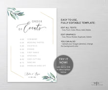 Load image into Gallery viewer, Gold Geometric Eucalyptus Wedding Program Sign Template, Editable Order of Service / Events, Wedding Timeline &amp; Agenda, Ceremony Program 004
