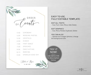 Gold Geometric Eucalyptus Wedding Program Sign Template, Editable Order of Service / Events, Wedding Timeline & Agenda, Ceremony Program 004