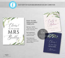 Load image into Gallery viewer, Greenery Bridal Wine Label Template, Watercolor Leaf, Boho Garden Wedding Shower sticker, Templett, Fully Editable, Printable, Download, 008
