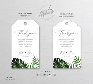 Tropical Wedding Favor Tag, Palm Leaf Monstera Thank You Tag, Beach Bridal Shower, Welcome Bag Label, 100% Editable, Printable, Download 002