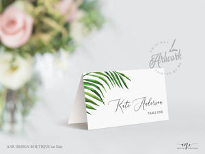 Tropical Place Card Template, Printable Wedding Bridal Escort Card, Editable Name Cards, Beach Palm Leaf Watercolor, Printable, Download 002