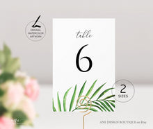 Load image into Gallery viewer, Tropical Table Numbers Template, Printable Wedding Table Seating Card, Beach Palm Leaf Greenery, Editable, Printable, Templett, Download 002
