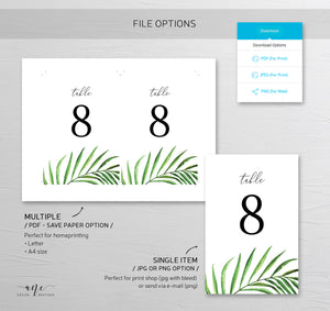 Tropical Table Numbers Template, Printable Wedding Table Seating Card, Beach Palm Leaf Greenery, Editable, Printable, Templett, Download 002