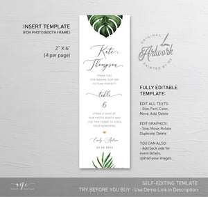 Tropical Photo Booth Insert Template, Favor Tag, Printable Bookmark, Place Card, Monstera Palm, Beach Wedding, Fully Editable, Download 002