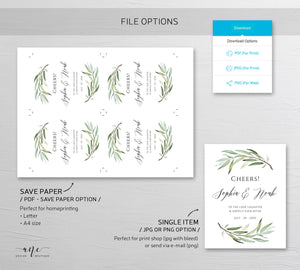 Sage Greenery Wedding Wine Label Template, Willow, Olive Garden Boho Wedding, Bridal Shower sticker, Fully Editable, Printable, Download 008