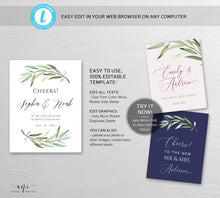 Load image into Gallery viewer, Sage Greenery Wedding Wine Label Template, Willow, Olive Garden Boho Wedding, Bridal Shower sticker, Fully Editable, Printable, Download 008
