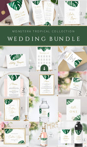 Monstera Wedding Bundle Instant Download, Printable Destination Beach Invitation Set Templates, Tropical Greenery Palm Editable Templett 003