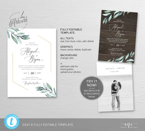 Gold Geometric Greenery Wedding Invitation Set Template, Garden Boho Wedding, Dusty Blue, Eucalyptus, 100% Editable, Printable Download 004A