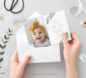 Photo Greenery Baptism Invitation Template, Announcement, Geometric Gold, Boy Girl Neutral Christening Invite, Editable Instant Download 004