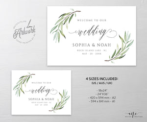 Boho Sage Greenery Wedding Welcome Sign Template, 100% Editable Olive Branch Board Sign, Willow Eucalyptus Watercolor Printable Download 008