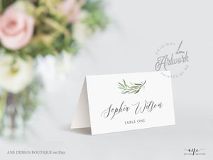 Boho Sage Greenery Place Card Template, Printable Wedding Bridal Escort Card, Fully Editable Name Cards, Willow Leaf, Printable Download 008