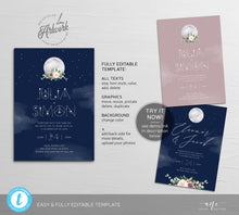 Load image into Gallery viewer, Celestial Moon Wedding Invitation Set Template, Starry Night Sky Wedding Suite, Mystic Sacred Geometry, Navy Blue Galaxy Space, Editable 022
