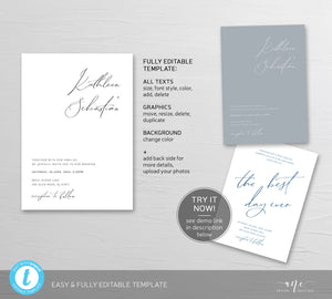 Minimalist Modern Calligraphy Wedding Invitation Set Template, Simple Stylish Invite Suite, 100% Editable, Printable, Instant Download, 011