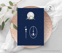 Load image into Gallery viewer, Celestial Moon Wedding Table Numbers Template, Starry Night Sky Bridal Table Card, Sacred Geometry, Galaxy Space, Editable Printable DIY 022
