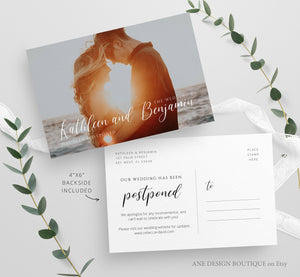 Photo Postponed Wedding Postcard Template, Change the Date Printable, Change of Plans Announcement Card, Fully Editable Instant Download 011