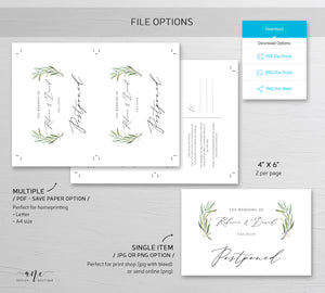 Greenery Postponed Wedding Postcard Template, Change the Date Printable, Change of Plans Announcement Card, Fully Editable Inst Download 008