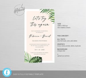 Tropical Digital Postponed Wedding Text Template, Change the Date Printable, Rescheduled Postponement Announcement Evite Card, Download, 002