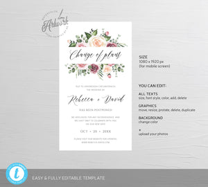 Mauve Rose Digital Change of Plans Wedding Text Template, Change the Date Card, Rescheduled Postponement Announcement Evite, Download 007