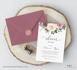 Boho Floral Shower by Mail Invitation Template, Mauve Blush Roses Virtual Bridal Baby Shower, 100% Editable, Printable, Digital Download 007