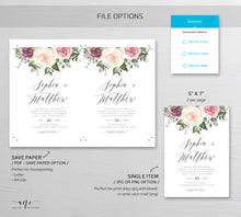 Load image into Gallery viewer, Spring Mauve Rose Floral Wedding Invitation Set Template, Eucalyptus Blush Roses Watercolor Invite Suite, Editable, Printable Download 007
