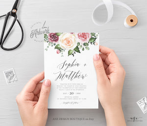 Spring Mauve Rose Floral Wedding Invitation Set Template, Eucalyptus Blush Roses Watercolor Invite Suite, Editable, Printable Download 007