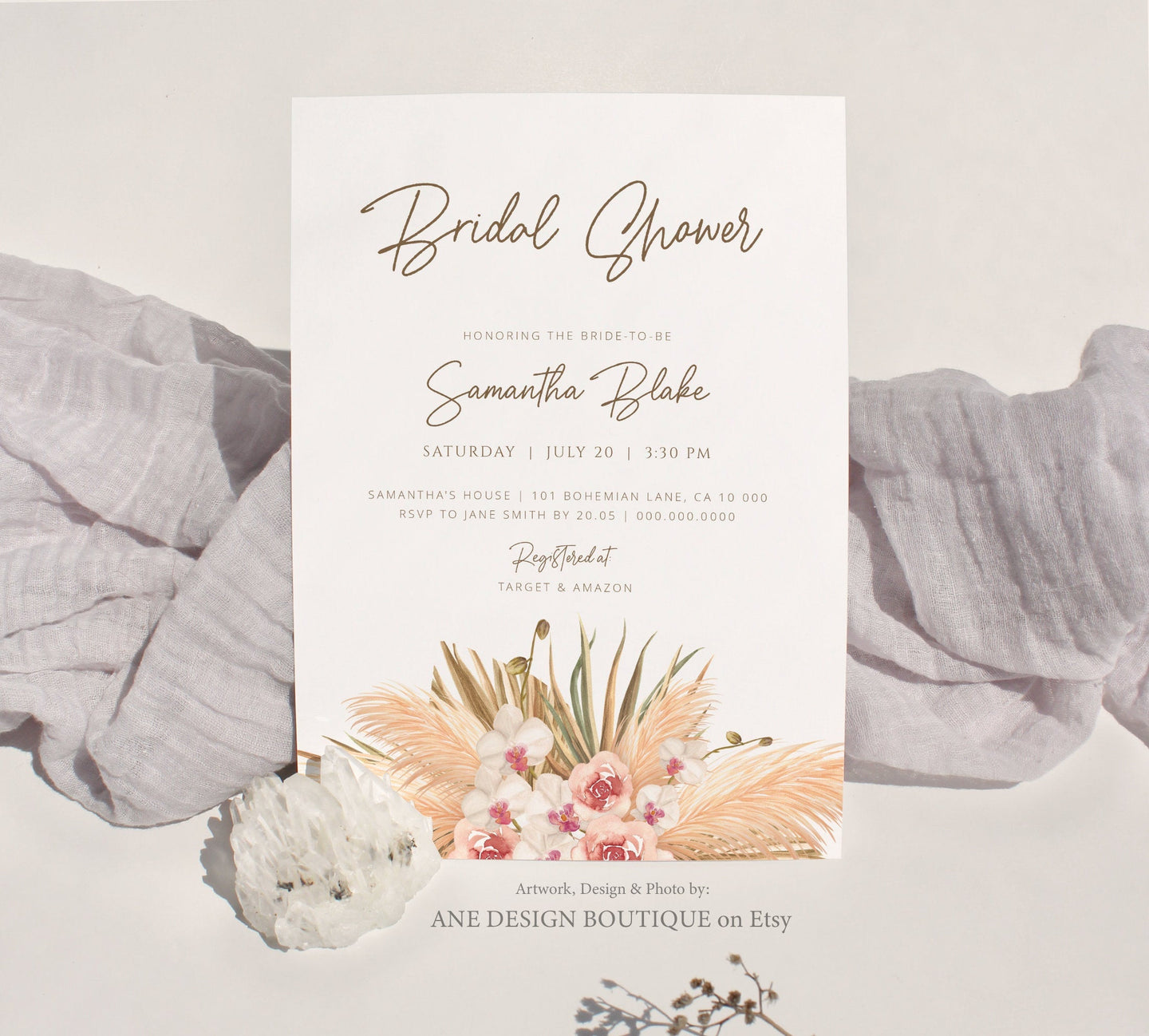 Pampas Grass Bridal Shower Invitation Template, Bohemian, DIY Boho Invites, Desert, Original Artwork, Fully Editable, Printable Download 017