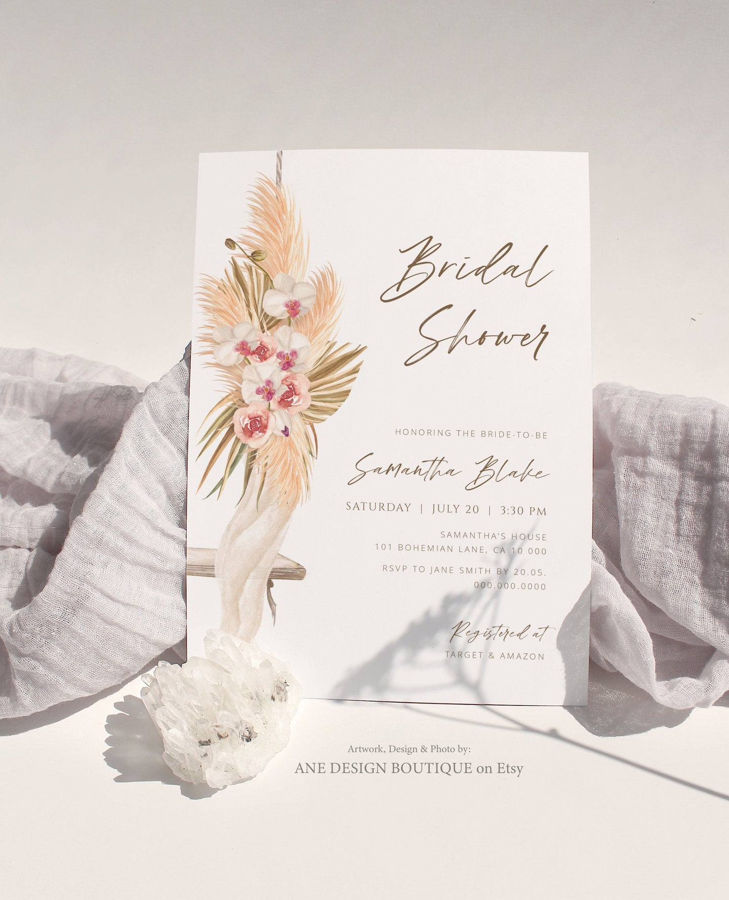Boho Pampas Swing Bridal Invitation Template, Bohemian, DIY Boho Invites, Desert, Original Artwork, Fully Editable, Printable Download 017