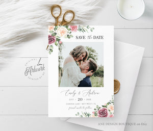 Floral Photo Save The Date Template, Unique Mauve Rose Printable Wedding Date Announcement Card with Photo, Editable, Download, Templett 007