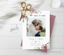 Load image into Gallery viewer, Floral Photo Save The Date Template, Unique Mauve Rose Printable Wedding Date Announcement Card with Photo, Editable, Download, Templett 007

